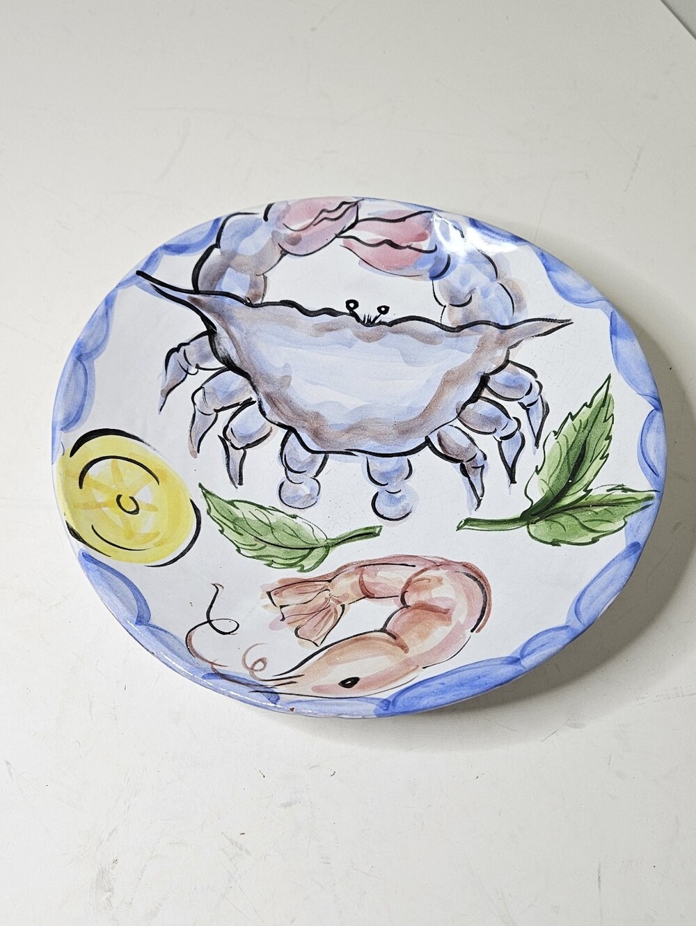 Ceramic Crab Shrimp Serving Dish Bowl 10" Hand Painted Blue White